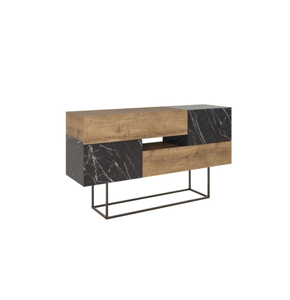 Buffet Moderno con Acabado en Mármol Negro y Madera, 145x40x82 cm, Patas Metálicas