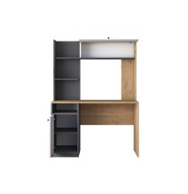 Escritorio-Librería de Melamina, Gris Oscuro-Blanco-Natural, 117x46x160 cm, Mueble Versátil para Oficina o Estudio.